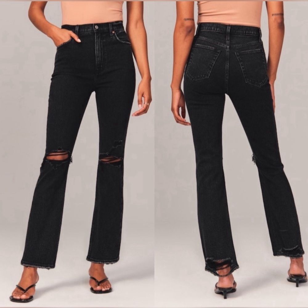 A&F Ankle Straight Ultra High Rise 28 Regular Washed Black Ripped